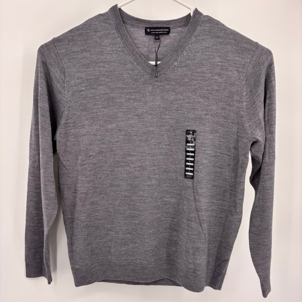 Hart Schaffner Marx V-Neck Sweater Mens L Gray NWT Extra Fine Merino Wool Knit